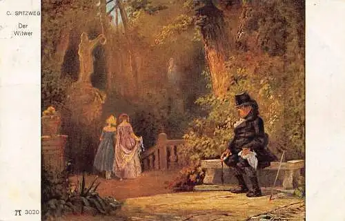 Kunst von Carl Spitzweg 1925 Witwer beobachtet seine Töchter verlassen alte Postkarte