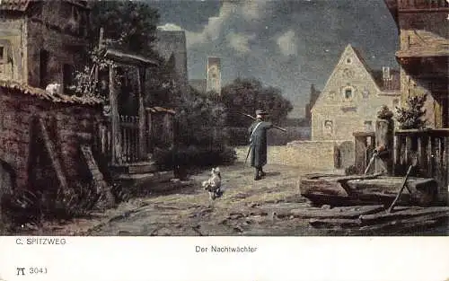Der Nachtwächter marschiert durch die Stadt Nacht Hund Kunst von Carl Spitzweg Postkarte