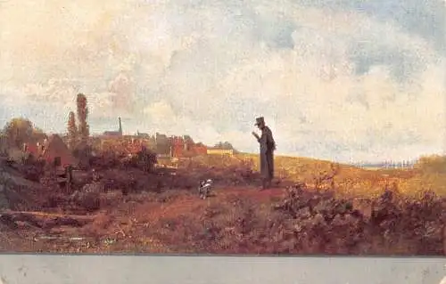 Kunst von Carl Spitzweg Mann und Hund gehen auf Feldern spazieren Vintage Postkarte