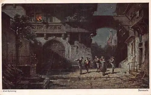 Kunst von Carl Spitzweg Serenade Musikspieler bei Nacht unter Balkon Postkarte
