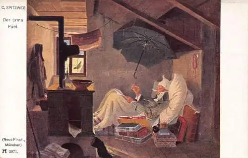 Kunst von Carl Spitzweg Armer Dichter Schreiben im Bett geöffnet Regenschirm Bücher Postkarte