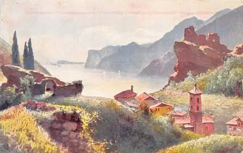 Kunst Malerisches Dorf in der Nähe von See und Bergen Vintage Postkarte