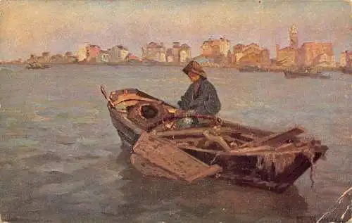 Kunstfischer im Boot beladen mit Holz Vintage Postkarte