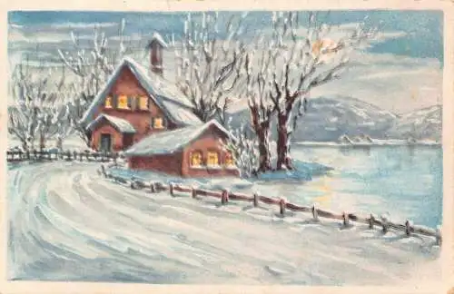 Wunderschöne Winterlandschaft verschneite Straßen und Seehäuser 1943 Feldpostkarte aus dem Zweiten Weltkrieg