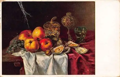 Stillleben Kunst 1939 Äpfel Trauben Gläser geöffnet Austern Muscheln Vintage Postkarte