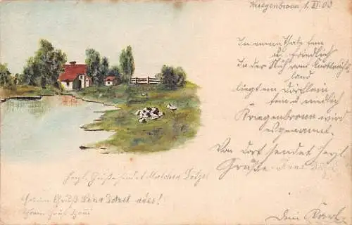 Handgemalte Landschaft 1909 See Haus Bäume Felsen Zaun Vintage Postkarte