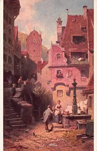 Kunst signiert Carl Spitzweg Mann bietet Blumen für Frau am Brunnen Vintage Postkarte