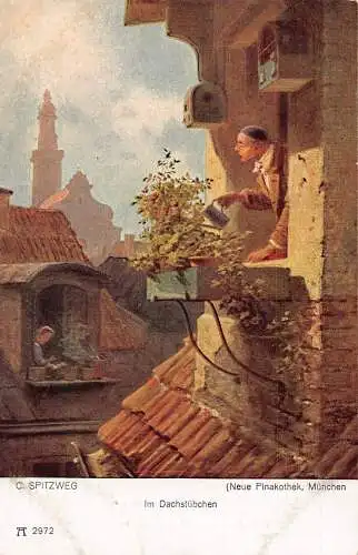 Menschen gießen Pflanzen am Balkon Kunst von C Spitzweg Neue Pinakothek Postkarte
