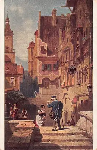 Postbote bietet Brief an Frau Street Art C Spitzweg WWI 1916 Feldpostkarte