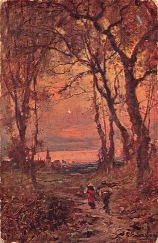Bauernarbeiter kehren aus dem Wald bei Sonnenuntergang zurück Kunst Vintage Postkarte