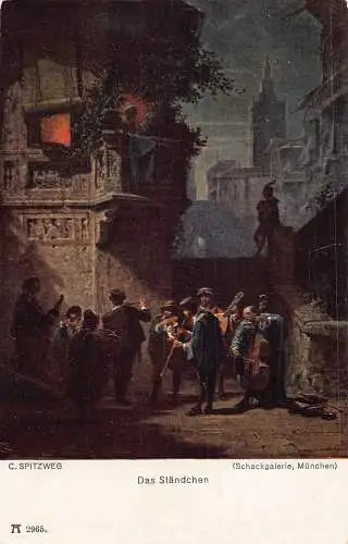 Kunst signiert Carl Spitzweg Fanfare Singen bei Nacht Musikinstrumente Postkarte