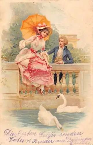 Paar bewundert Paar Schwäne am Teich 1901 elegante Frau Regenschirm Postkarte