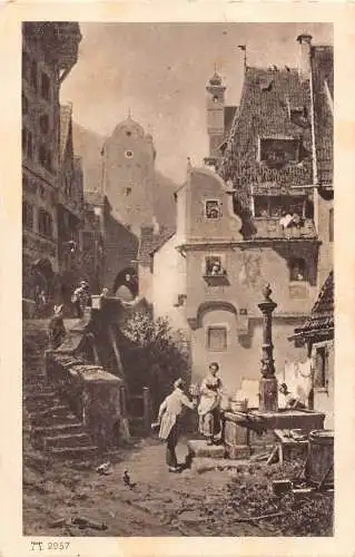Kunst von C Spitzweg Stadt Landschaft Frauen nehmen Wasser am Brunnen Vintage Postkarte