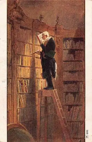 Deutsche Kunst von C Spitzweg Bücherwurm Mann auf Leiter Buchbibliothek Postkarte