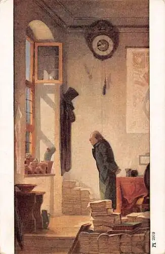 Deutsche Kunst alter Mann bewundert Kaktus Pflanze im Zimmer Zeitungen Uhr Postkarte