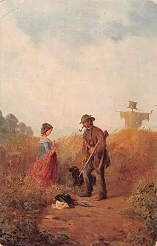 Jäger Rauchpfeife Riffel Hund Heu Feld Kunst von C Spitzweg München Galerie Postkarte