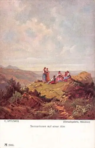 Kunst von C Spitzweg Bauerninnen ruhen auf Klippenlandschaft Vintage Postkarte