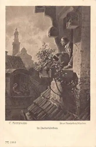 Kunst von C Spitzweg Mann gießt Blumen auf Balkon Pinakothek München Postkarte
