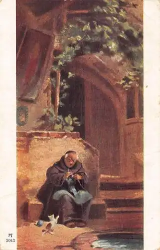 Alter Mann strickt auf Haus Treppe kleine Katze Kunst Vintage Postkarte