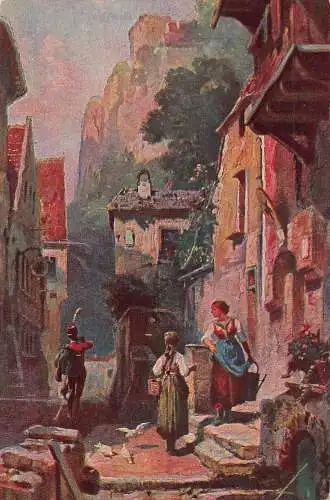 Frauen beobachten Husaren-Soldaten auf Street Art von C Spitzweg Vintage Postkarte