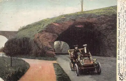 L034 USA 1907 Philadelphia East River Drive Auto Ladie Vintage Postkarte