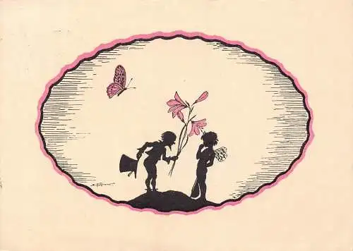 Fantasy 1939 Silhouette Zwergfee Schmetterling Blume Vintage Postkarte