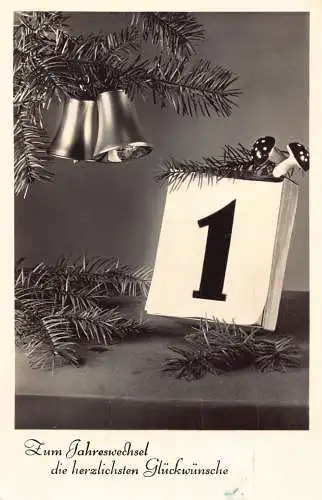 Neujahrsgrüße 1940 Nr. 1 Seite Glocken Pilze Kiefernzweige Vintage Postkarte