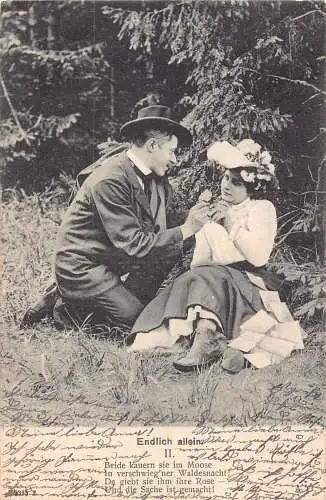 Endlich Allein Herr bietet Rose an Frau Wald Vintage Postkarte