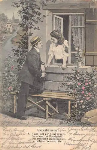 Träume der Liebe 1904 Gentleman besucht Liebhaber am Fenster Rosen Busch Postkarte