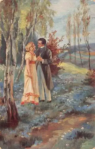 Unbeflecktes Liebespaar gesteht in Waldlandschaft 1919 Postkarte