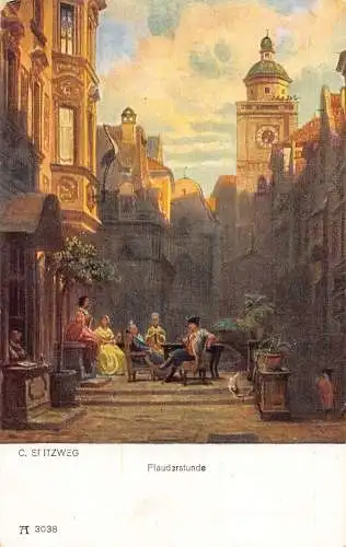 Kunst Plauderstunde von C Spitzweg People Talking Bar Stadt Landschaft Postkarte
