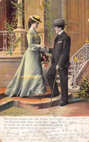 Liebesgedicht 1904 Paar hält Hände schüchtern Blumenstrauß Postkarte