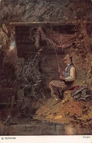 Alter Fischer mit Angelrute in Waldkunst von C Spitzweg Postkarte
