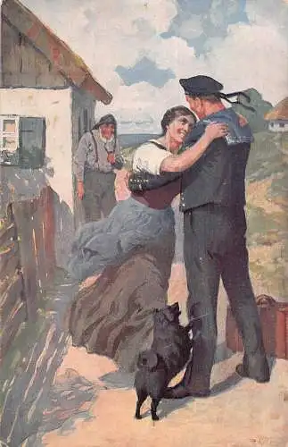 Freundin begrüßt Marine Soldat Liebhaber Hund Dorf Haus Vintage Postkarte