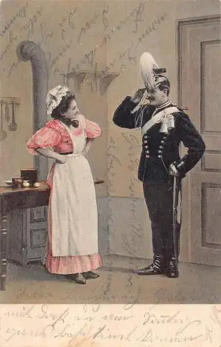 Kochfrau bewundert hochrangigen Infanteriesoldaten Militärküche 1904 Postkarte
