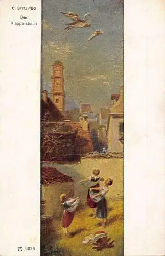 Deutsche Kunst von C Spitzweg Weißstörche Fliegende Mädchen Aufziehen Schürzen Postkarte