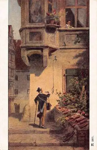 Postbote bringt Brief ins Haus Kunst von C Spitzweg Vintage Postkarte