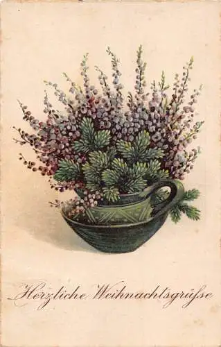 Weihnachtsgrüße Muschi Weide und Tannenzweige in Vase Vintage Postkarte