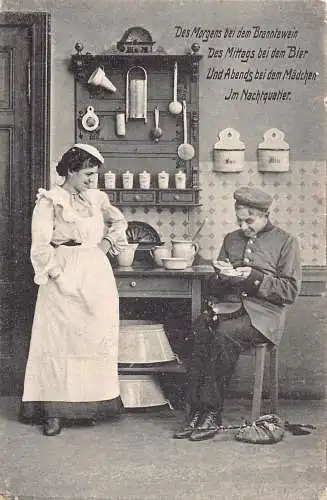 Militärküche 1910 Soldat schreibt Notizen Frau Koch 1910 Vintage Postkarte