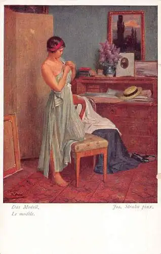 Ein Modell, das elegantes Kleid auf dem Schreibtisch anpasst Blumen Kunst Jos Straka Postkarte