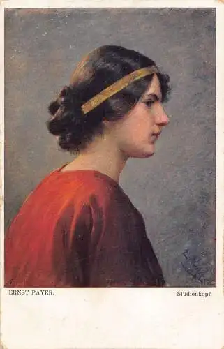 Frau im roten Kleid Golden Haarkrone Studienkopf Kunst signiert Ernst Payer Postkarte