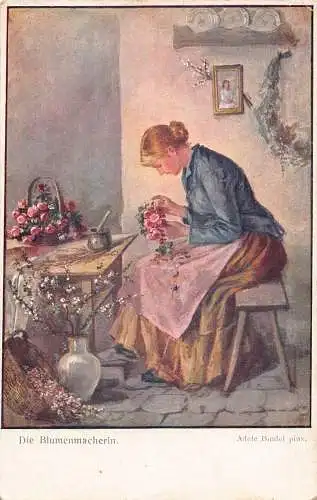 Kunst signiert Adele Bindel Floristin Frau macht Rosengestecke 1921 Postkarte