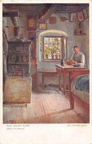 Mann liest am Schreibtisch kleines Zimmer Kamin Uhr Bett Kunst signiert Jos Straka Postkarte
