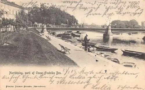 L033 Schweden 1905 Norrköping Parti af Oscar Fredriks Brücke Boot Vintage Postkarte