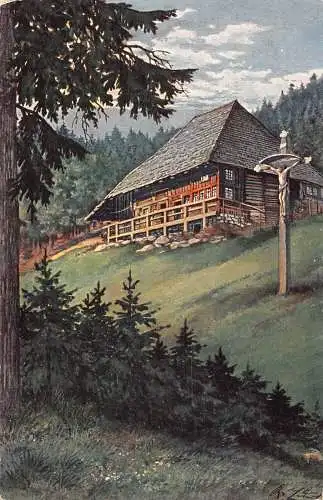 L217 Deutschland Schwarzwald Haus Jesus am Kreuz Vintage Postkarte
