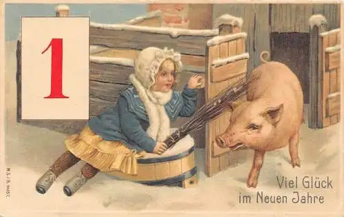 L371 Neujahrsgrüße 1909 Mädchen Schwein Glück geprägt Vintage Postkarte