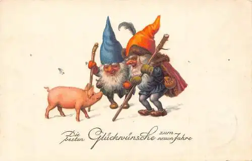 L371 Neujahrsgrüße 1929 Zwerge Schwein Glück Vintage Postkarte