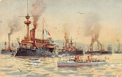 L410 Frankreich Kriegsflotte Marine Kriegsschiffe 1908 Willy Stower signiert Vintage Postkarte