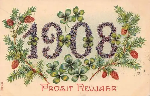 L371 Neujahrsgrüße 1908 Blumen große Zahlen Kleeblatt Glück geprägt Postkarte