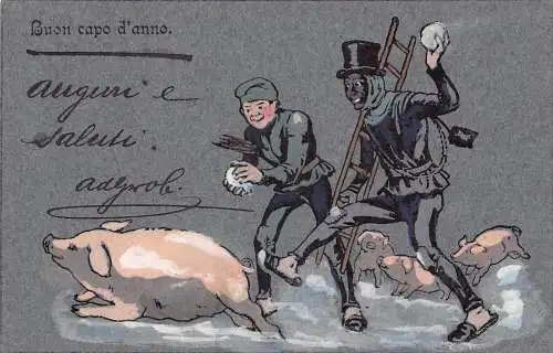 L371 Neujahrsgrüße 1906 Schweine Schornsteinfeger Glück Vintage Postkarte